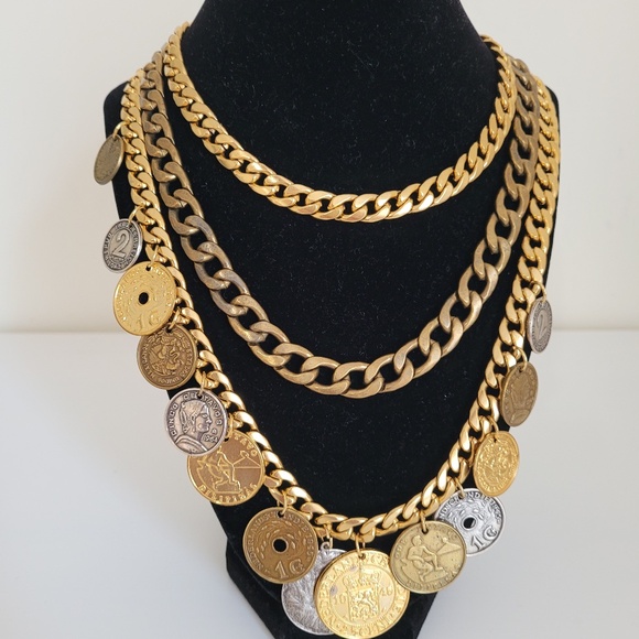 PETER LANG Vintage Statement Necklace Modernist Chunky Chain & Coin Charms . - Picture 5 of 5